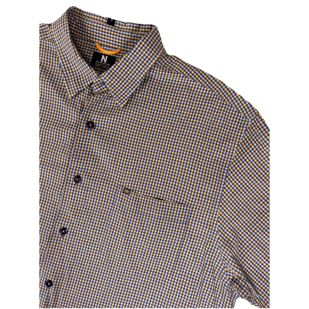 Nautica Jeans Co Button Up Shirt Mens XL Blue Yellow Plaid Short Sleeve Casual